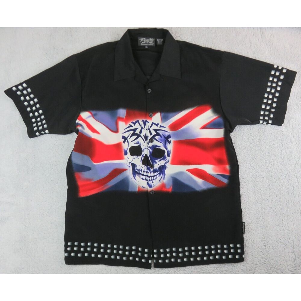 Mens Dragonfly Short Sleeve Button Front Skull Jolly Roger Buttons Shirt Size XL